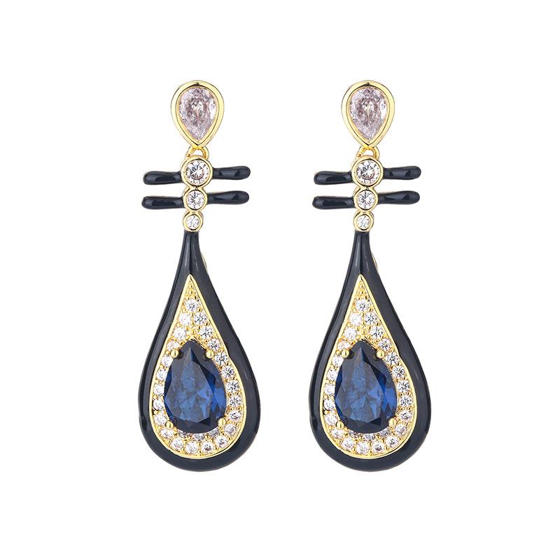 National Style Black Pipa Earrings Women'S Light Luxury Advanced Sense Niche Retro Temperament Earrings Women