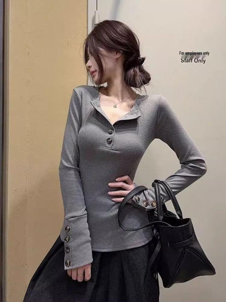 Guzikowy Top z Długim Rękawem, Dopasowany, w Koreańskim Stylu