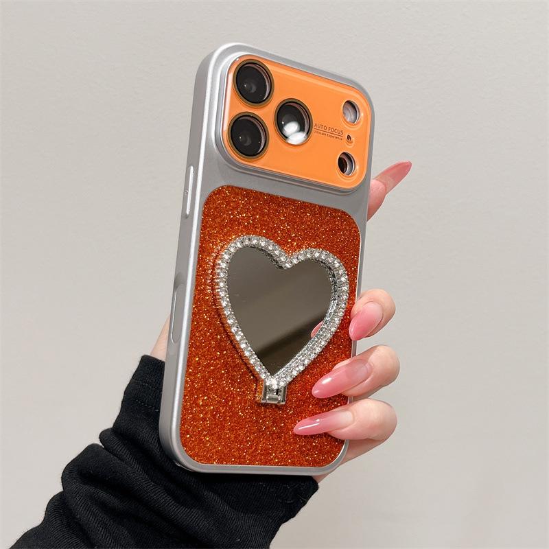 Glitter Heart Mirror Stand Case for iPhone 13/14/15/16/17 Pro Max