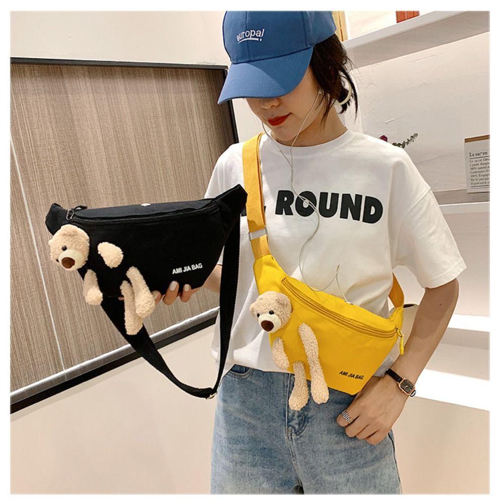 New Women's Cute Bear Waist Bag Canvas Belt Bags Designer Crossbody Chest Bag Female Solid Fanny Pack Banana Hip Purse