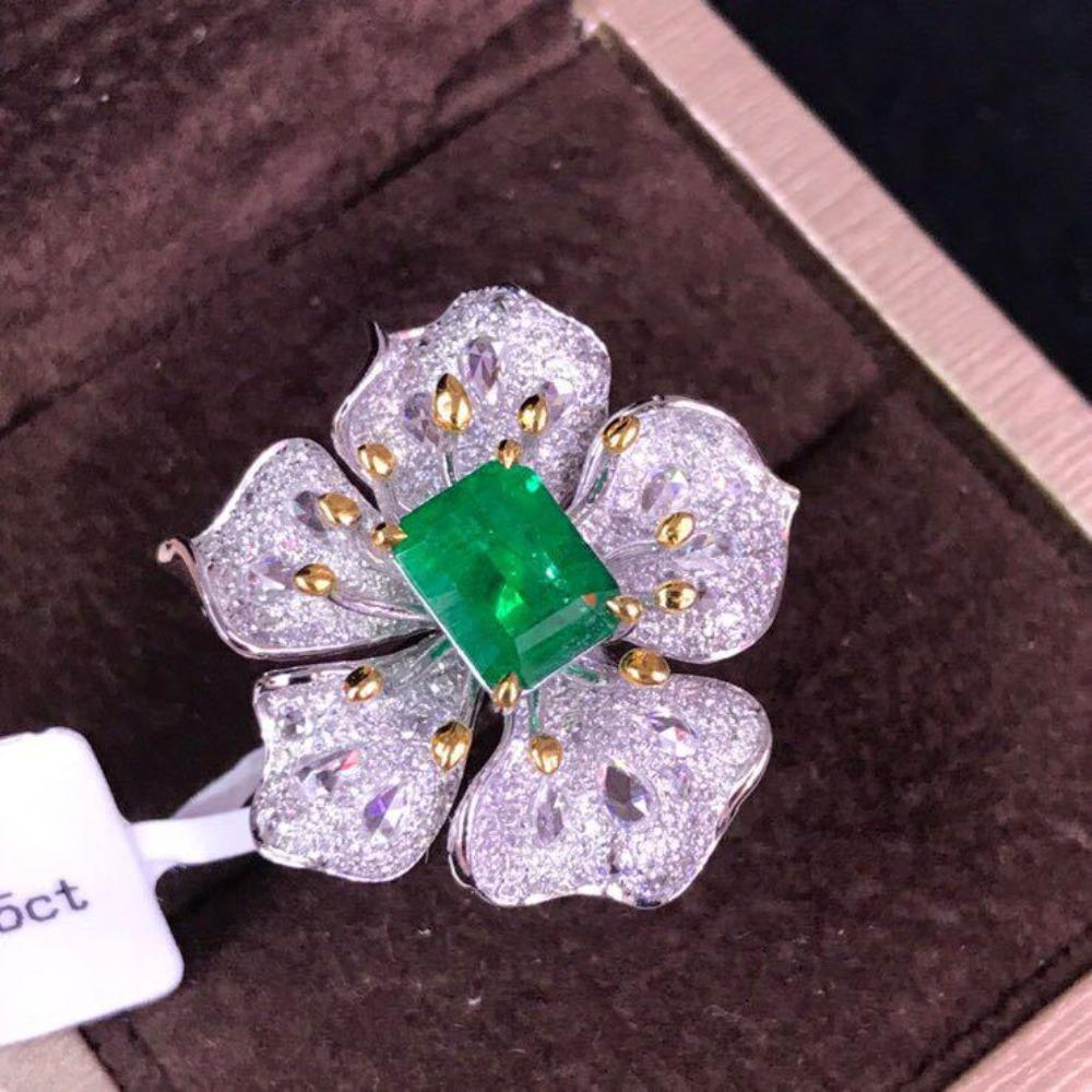 Open Ring Women Fashion Jewelry Micro Pave Full Diamond Emerald Flower Adjustable Ring adjustable