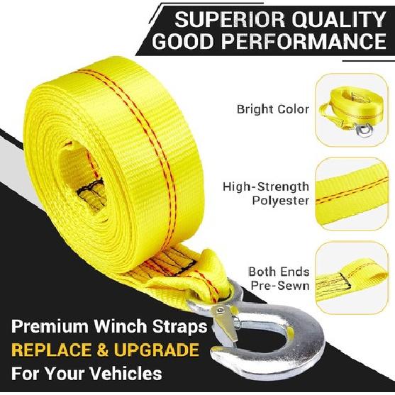 Trailer Winch Strap with Hook 2" x 20' Breaking Strength 10000 lb Heavy Duty Win