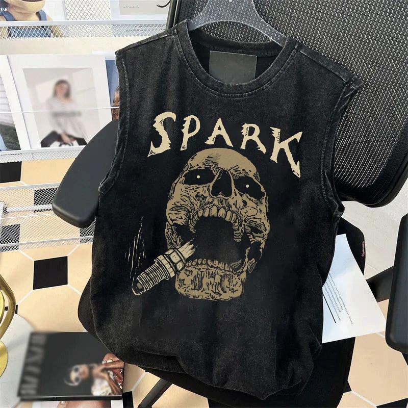 Heavy Pure Cotton Sleeveless T-shirt Men's Summer Large Size Loose Retro Ruffian Handsome Dark Wind Washed Old Vest