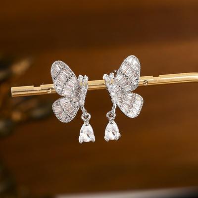 S925 Sterling Silver Butterfly Stud Earrings with Zirconia Water Drop Design for Women - Elegant & Luxurious
