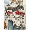 Women's winter long-sleeved T-shirt with wooden house print