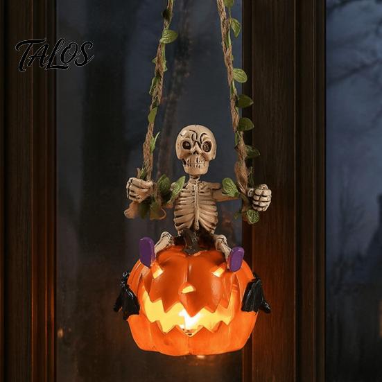 Halloween Night Decoration Swing Skeleton with Lighted Pumpkin, Light-up Ornament, Creepy Party Atmosphere Decor Hanging Statue for Indoor Front Porch