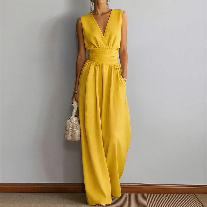 2026 Womens Sleeveless Solid Color High-Waist Wide-Leg Jumpsuit Elegant Casual Office Wear