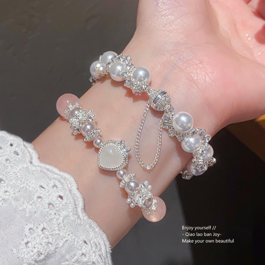 Pearl Crystal Heart Bead Bracelet With Stretchy Design For Women Gift
