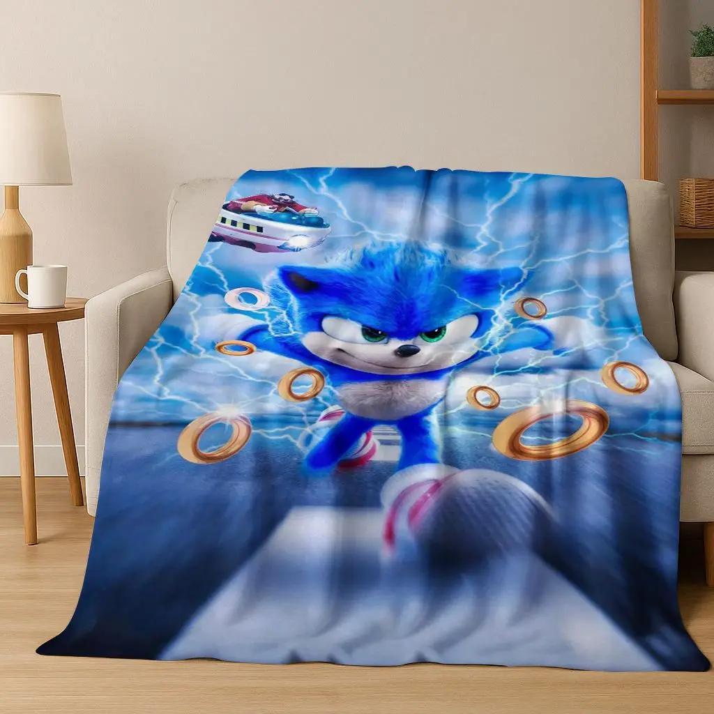 Classic S-Sonic Game Cartoon Hedgehog Flannel Blanket Soft Warm Throw Blanket for Bed Bedroom Room Living Room Travel Picnic Kid