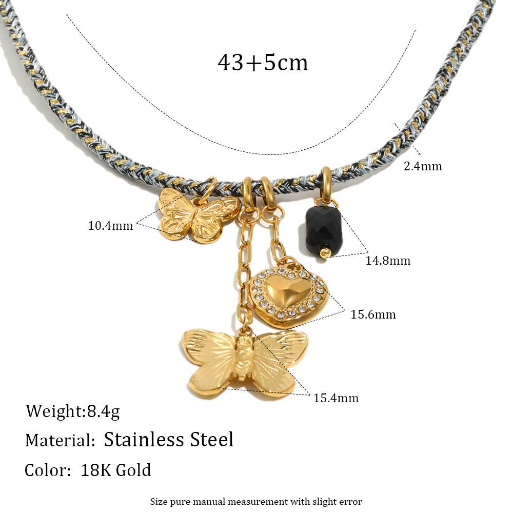 Bohemian Retro Handmade Blue Woven Rope Necklace with Gold Butterfly Heart Charms and Black Gemstone Pendant for Women Charming