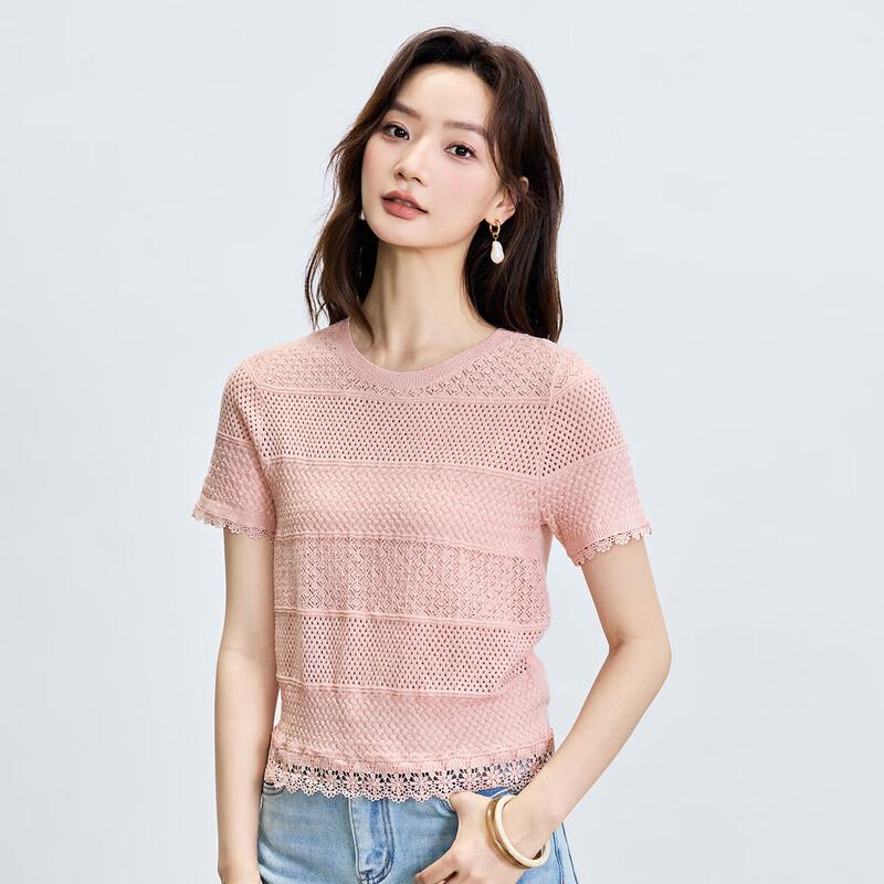 INMAN Women s French Hollow-Out Lace Trim Knit Top L