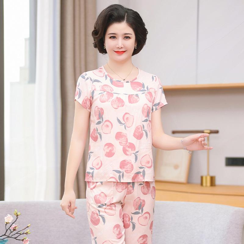 

«Женская летняя пижама из хлопка и шелка»: Комплект из двух предметов с коротким рукавом, свободного кроя, для людей среднего и пожилого возраста, больших размеров, для ношения на открытом воздухе. XXXXL (80-90 kg)