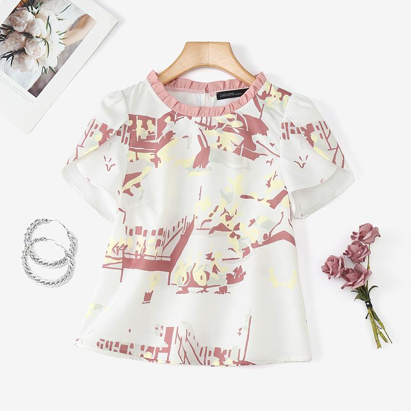 

ZANZEA Женская повседневная летняя блузка с круглым вырезом и коротким рукавом с принтом 5XL белый