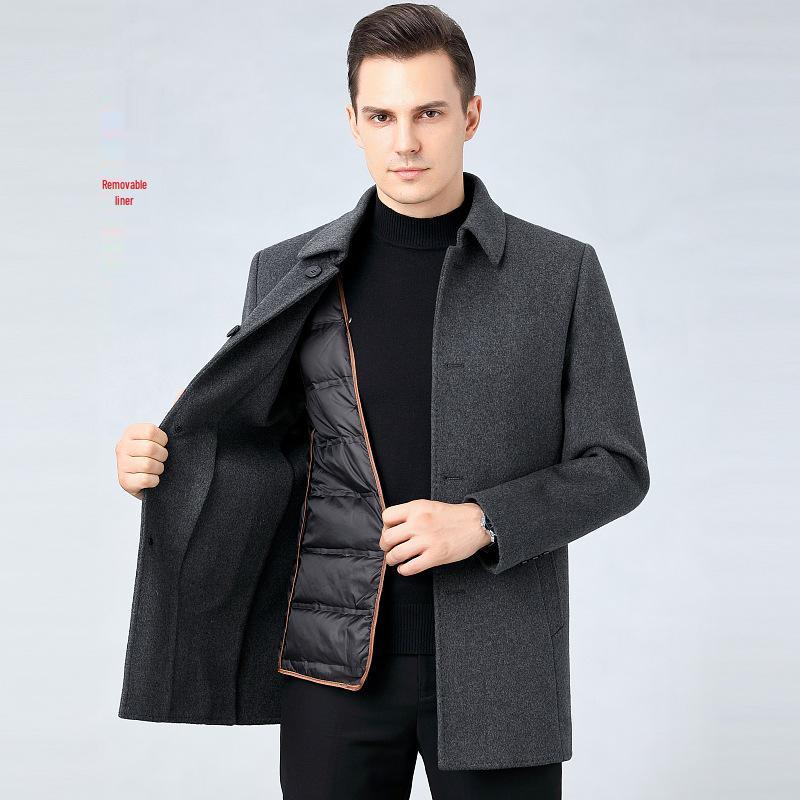 Men's Cashmere Winter Coat with Detachable Down Liner - Thick Wool Double-Faced Cloth for Business Casual.