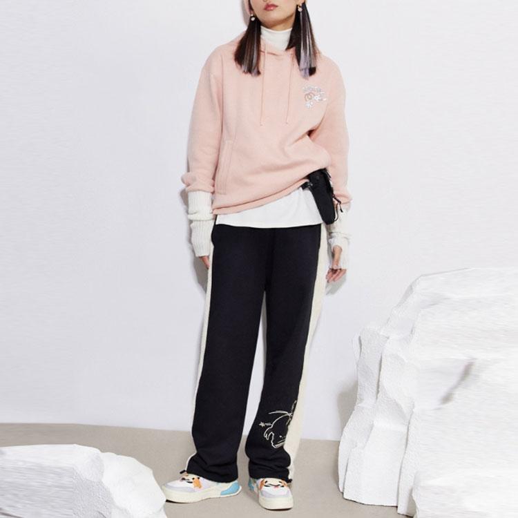 Li Ning X Disney Collaboration Sports Trend Series Color Block Cartoon Print Loose Straight Leg Knit Sweatpants Women Bottoms Black AKLR684-1