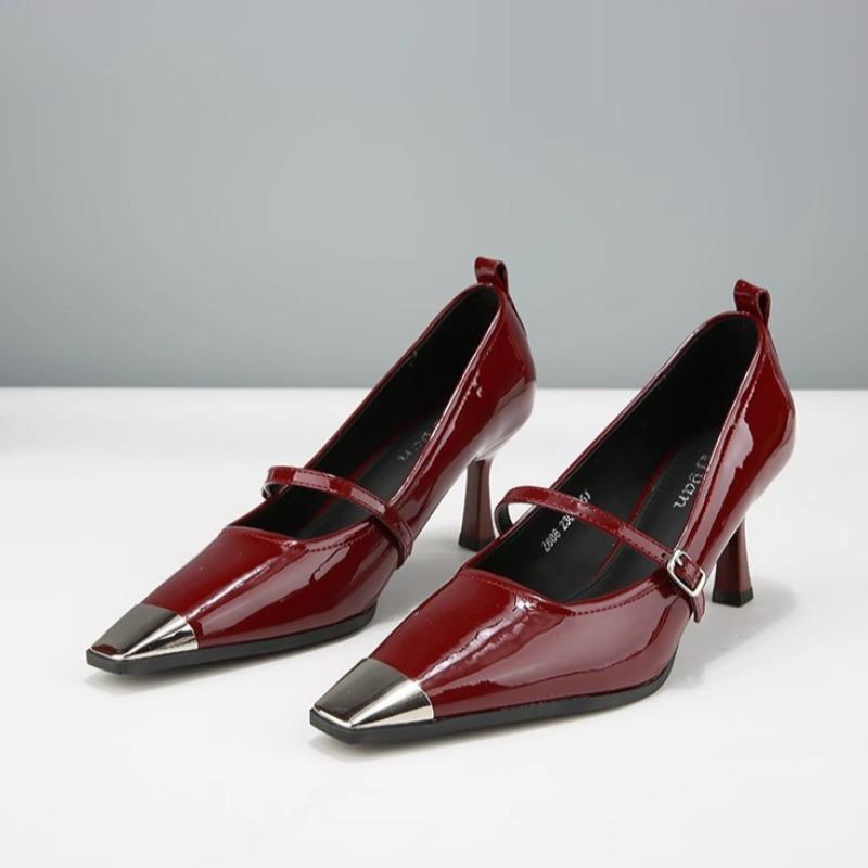 

Fashion Women s Fashion Slim Heel Shoes Spring New Metal Square Head Shallow Mouth Word with Anti-slip Wear-resistant High Heels 35