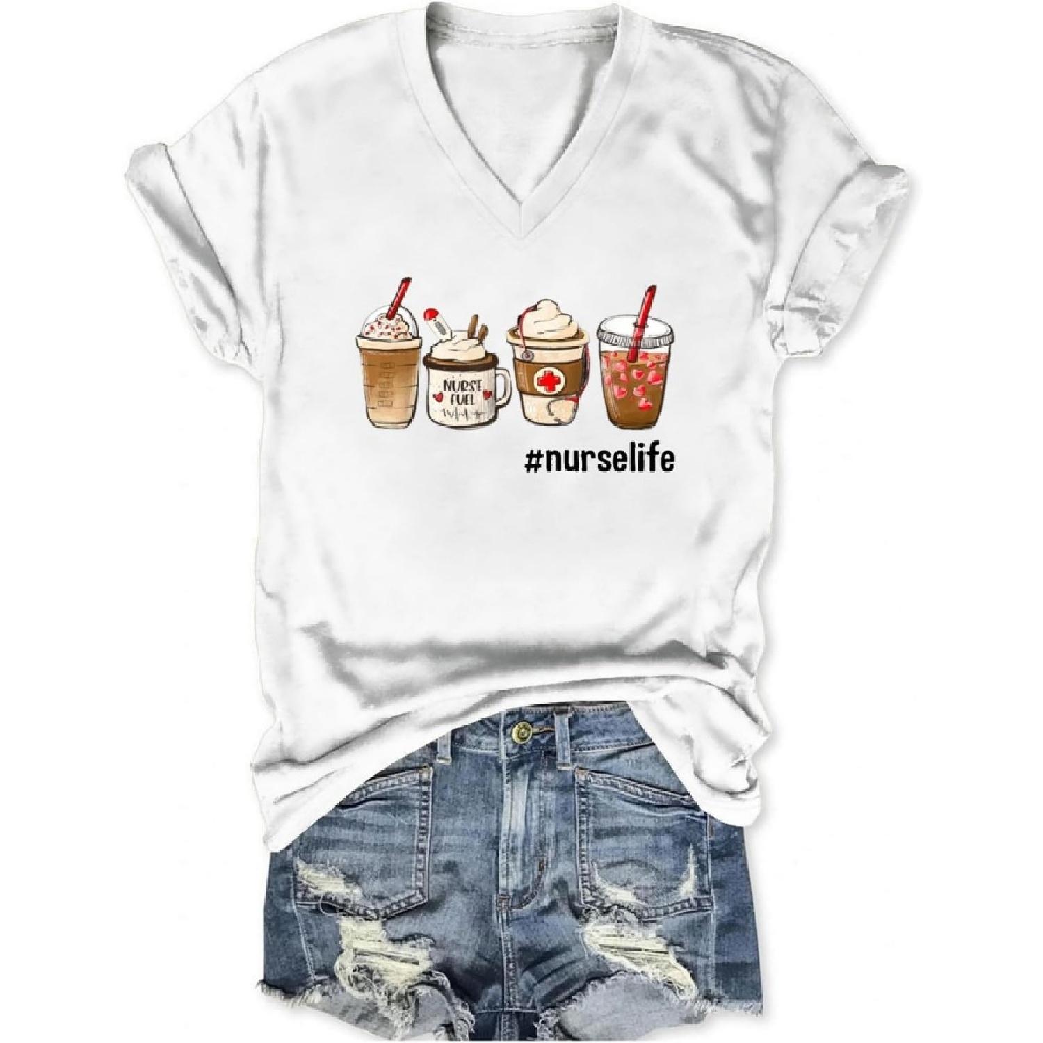 PUGIAF Женские топы с V-образным вырезом для медсестер, Футболка  Жизнь медсестры , Забавная футболка  Топливо для медсестер: Кофе , Футболка для зарегистрированной медсестры, Медицинская футболка S