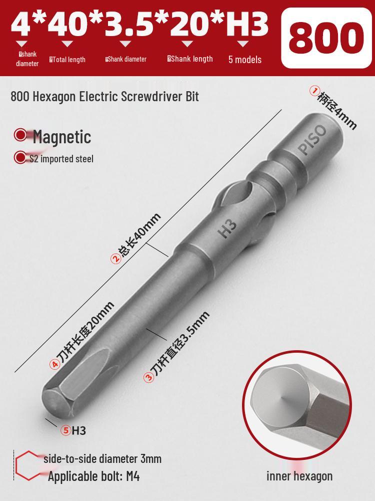 Magnetic 4mm Electric Screwdriver Bit with 800 Internal Hexagon, 5-Star Slotted, and Triangular Bit, 3C