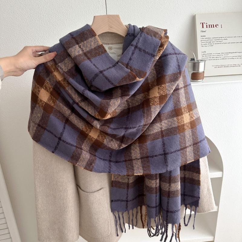 Winter New Retro Plaid Scarf Girls Versatile Thickened Warm Long Shawl Dual-purpose Double-sided Couple Scarf