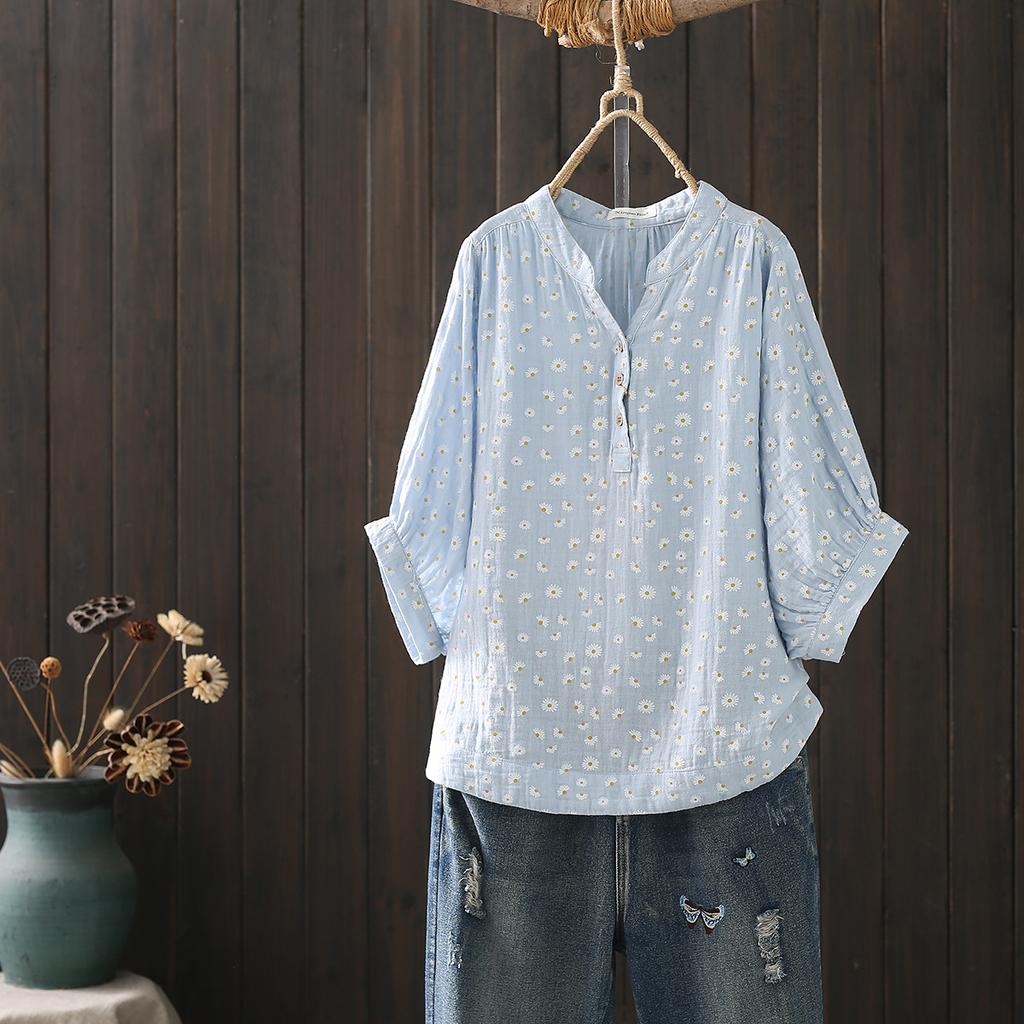 Cotton Yarn Shirts Large Size Tops Women Pastoral Style V Neck Half Sleeve Printed Shirts and Blouses Middle Aged Women