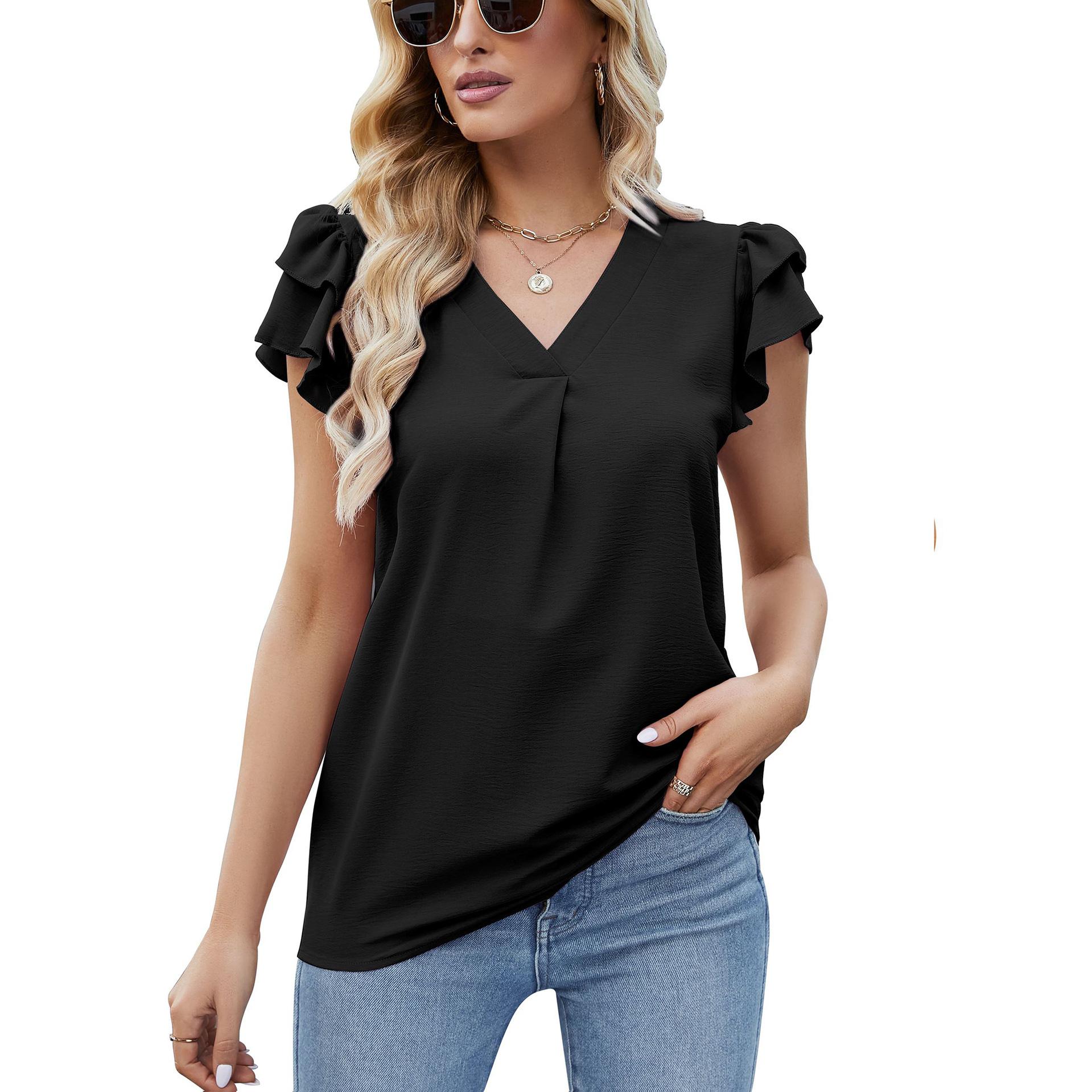 

DX2028-8151#, женская весенне-летняя новая однотонная повседневная шифоновая рубашка с двойными рукавами-крылышками, женская рубашка XXL чёрный