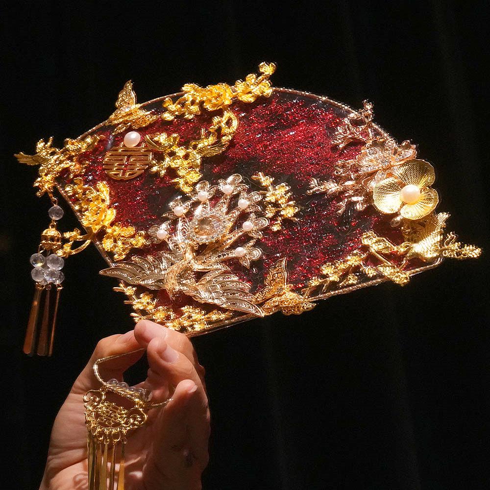 Original Handmade Red Xiuhe Wedding Fan for Bride - Ancient Style Bridal Accessory.