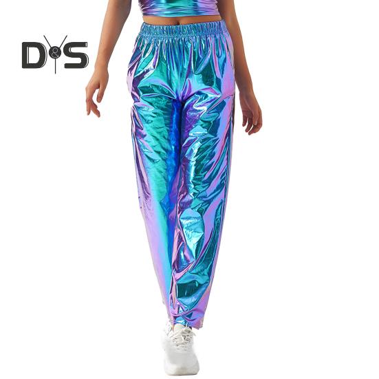 

Женские брюки цвета металлик, эластичные брюки с высокой талией, повседневные голографические цветные брюки, широкие брюки с карманами в стиле хип-хоп, длинные брюки M