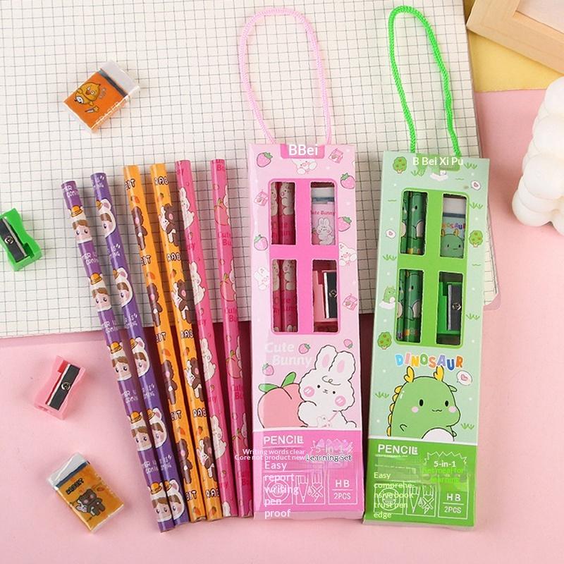 5 In 1 Pencil Set Portable Stationery Prize Cute Cartoon Stationery Gift Box Set School Supplies Writing Tool Stationery Set