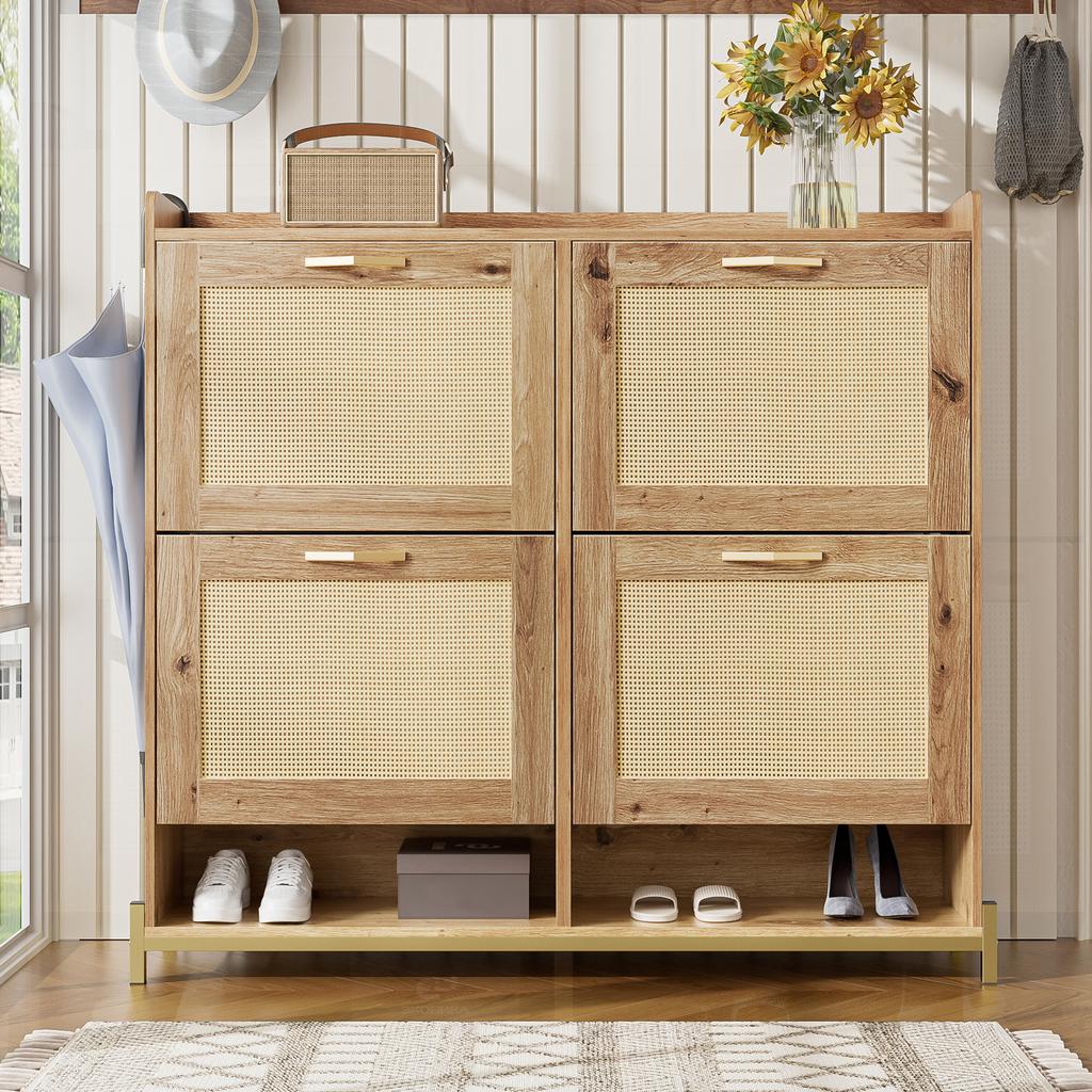 Elegant Wooden Shoe Cabinet with Rattan Doors – 4 Doors, Metal Frame and Top Shelf for Stylish and Organized Storage.