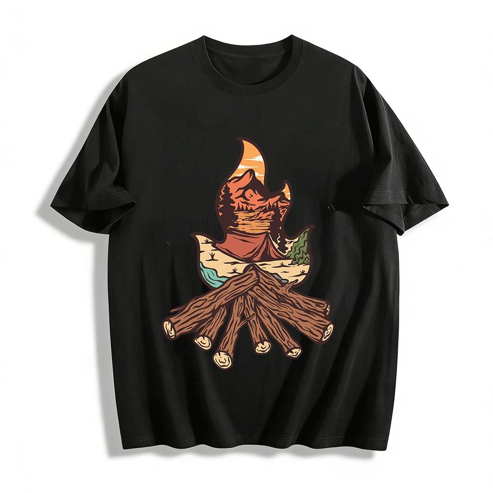 Outdoor Camping Bonfire Landscape Print Casual T-Shirt Pure cotton T-shirt XXS