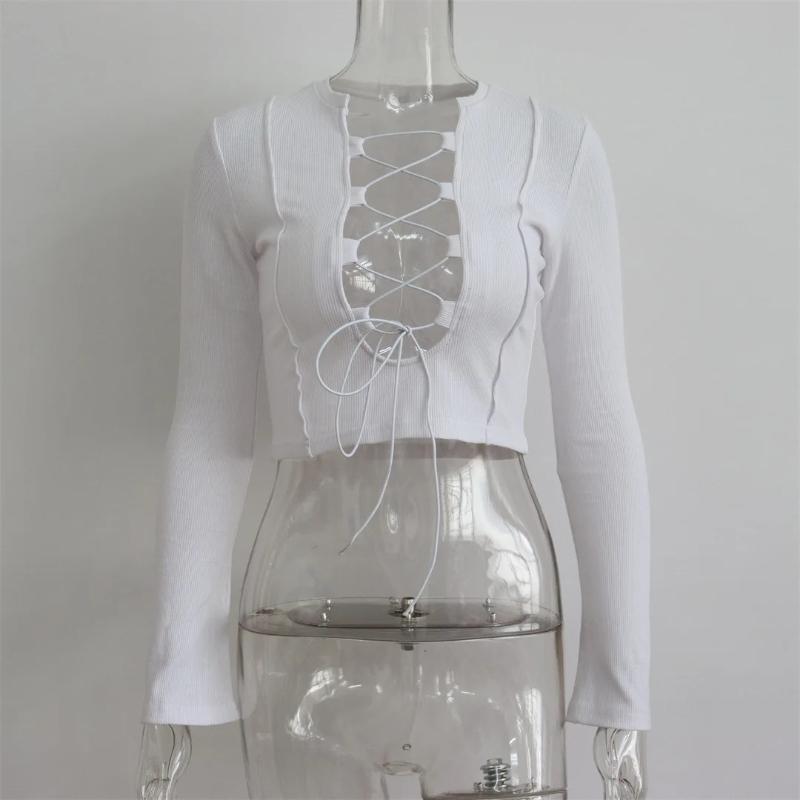 European and American sexy hollow lace up hip-hop Harajuku solid color summer street top T-shirt