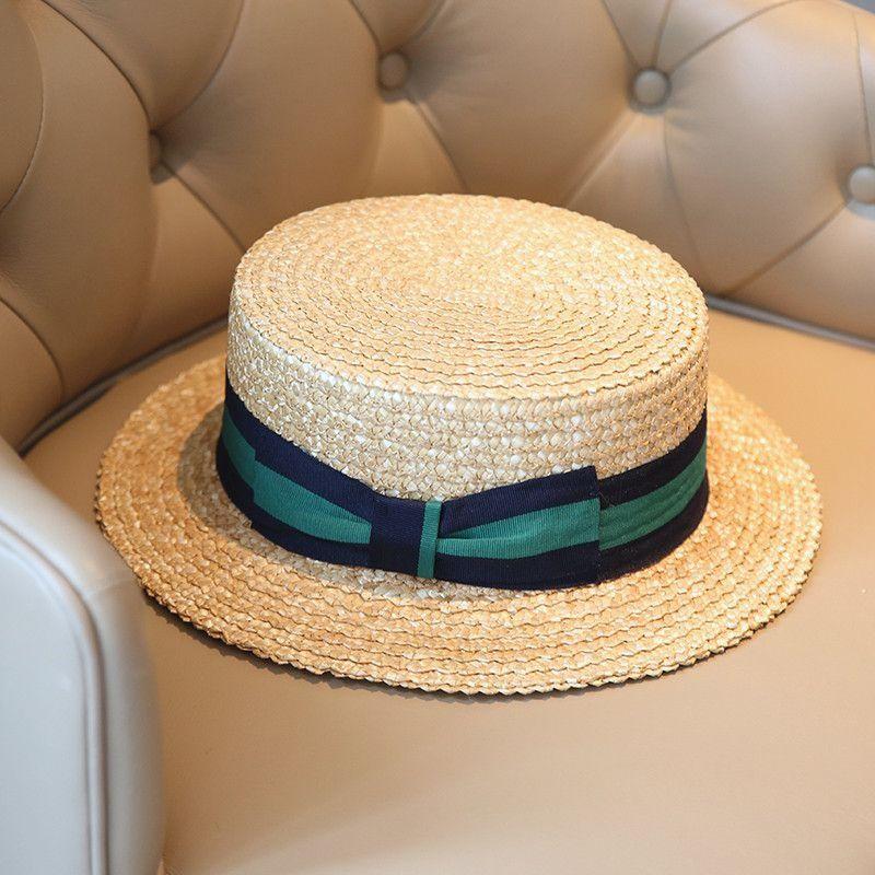 Garden Supplies My Women's Black British Striped Natural Straw Hat European And American Film Flat Top Flat Eave Straw Hat Casual Short Eave Unisex Movie Hat 56-58Cm