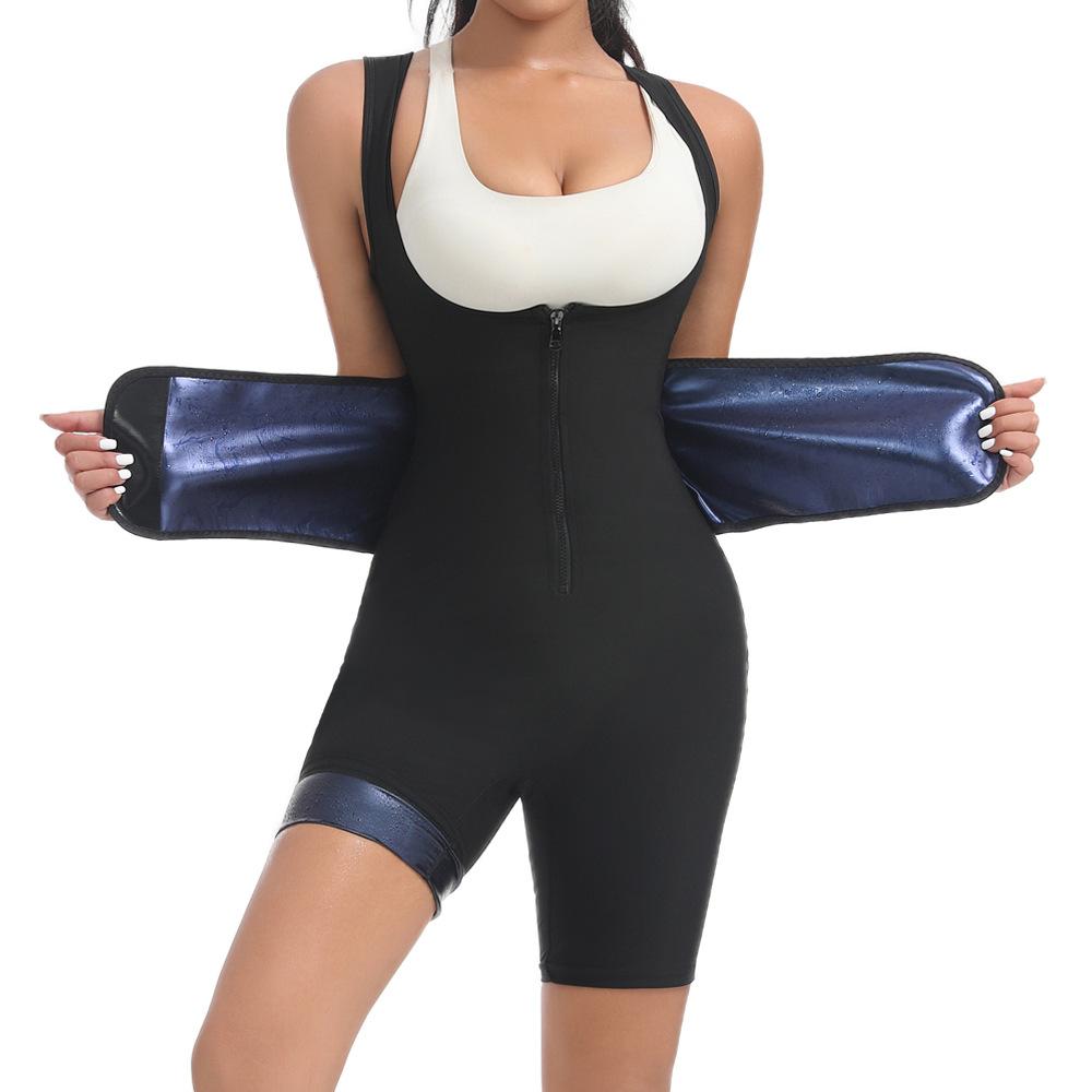Sleeveless Sauna Suit with Waist Trainer Belt Women Heat Trapping Polymer Bodysuit Tummy Control Sweat Romper Shorts Jumpsuit