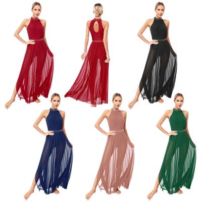 Costum de dans modern contemporan liric pentru damă, cu tricou fără mâneci, maxi rochie de dans