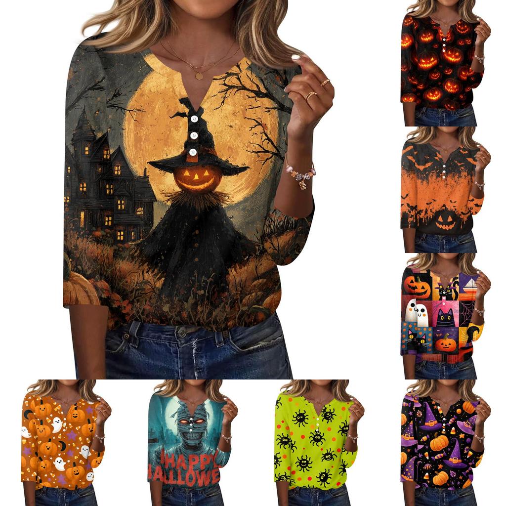 Women Casual Halloween Printed V Neck Button Three Quarter Sleeve T Shirt Top Lightweight Comfortable Fit Seasonal Style
