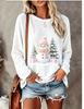 Women Long Sleeve T‑Shirt Christmas Snowman With Knit Hat Scarf Pine Tree Gift Box Print Crew Neck Casual Tops