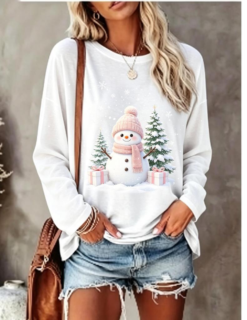 Women Long Sleeve T‑Shirt Christmas Snowman With Knit Hat Scarf Pine Tree Gift Box Print Crew Neck Casual Tops