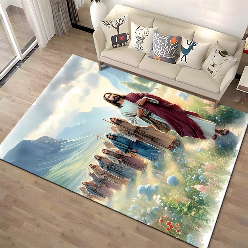 Biblical Scene with Followers on Path, Non-slip rug suitable for living room and bedroom sofas.