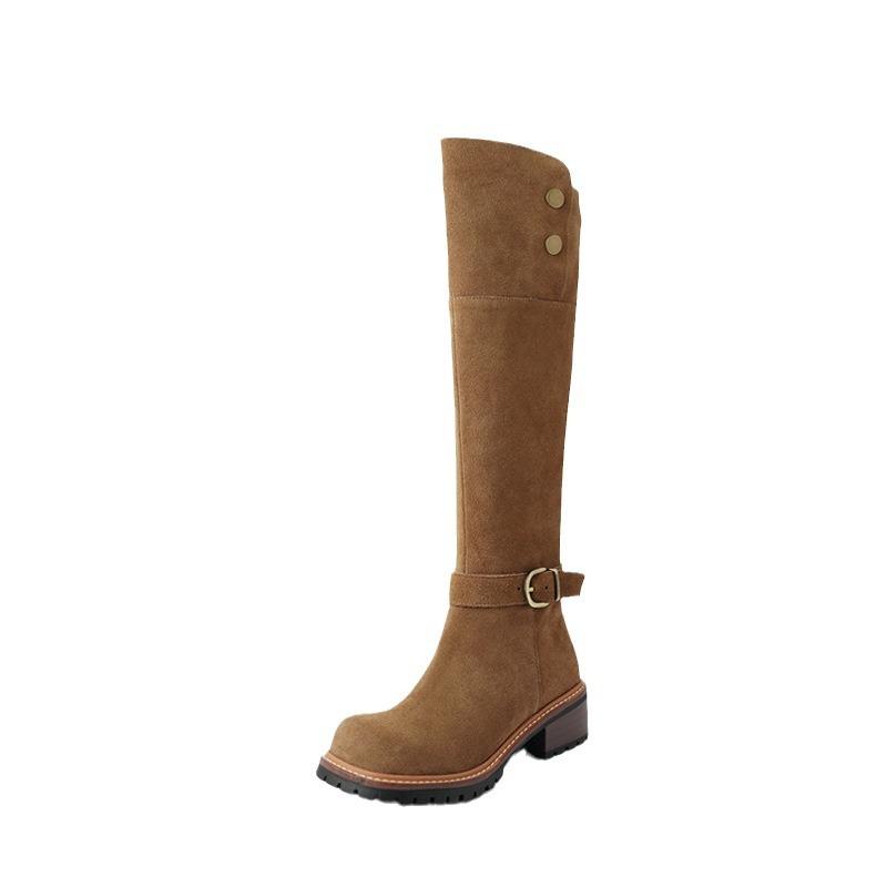 Braune Stiefel mit Fell 2025 Neue Mattierte Retro-Stiefel mit runder Spitze Damen Western-Cowboystiefel Vielseitige hohe Ritterstiefel