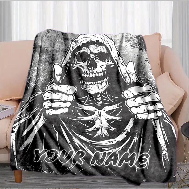 1PC Custom Name Skull Art Flannel blankets Patterns Throw Blanket All-Season Soft Gift for Couch, Bed, Camping gifts