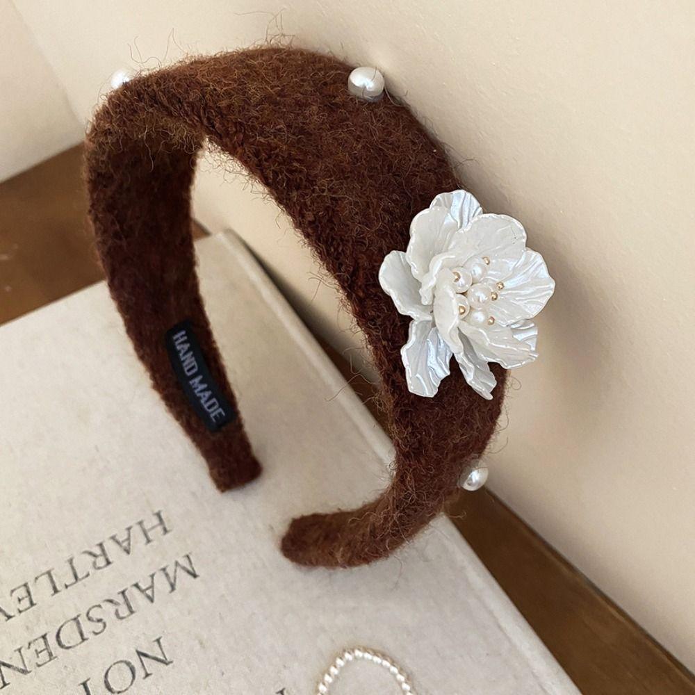 Sweet Floral Pearl Hair Hoop Korean Style Wide Edge Hairband Flocking Flower Headband  Lady