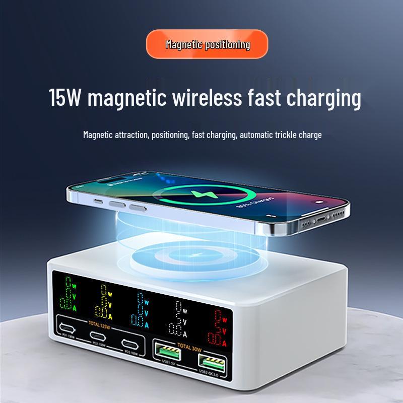 140W Multi-Port Charger with 100W PD Fast Charging, Digital Display, and Magnetic Wireless Charging Dock
