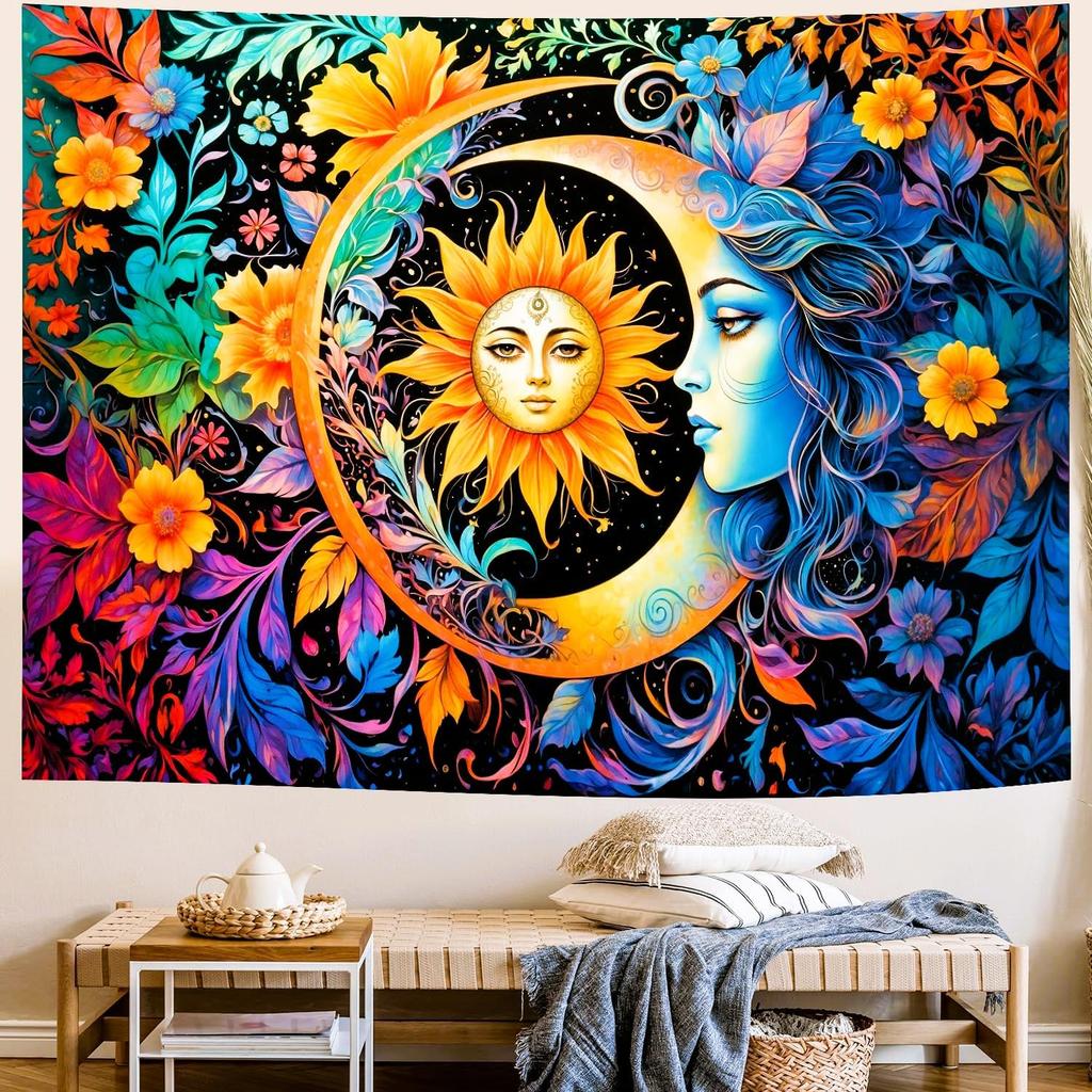 Delur Sun and Moon Tapestry Boho Mystic Floral Hippie Flower Plants Tapestry Vintage Aesthetic Psychedelic Abstract Wall Hanging Headboard for