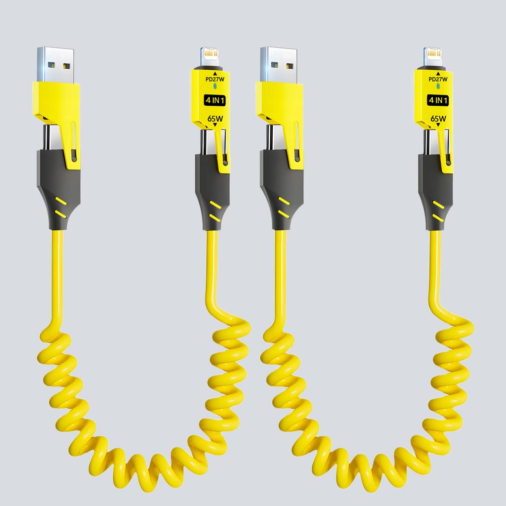 1/2PCS 4-in-1 Spring Data Cable & 65W Quick Charger: 6A USB Type-C Telescopic Wire Compatible with iPhone/iPad/MacBook/Huawei