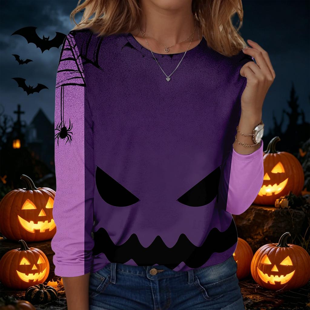 Women's Long Sleeve Casual Halloween Print Pullover Sweatshirt Round Neck Comfortable Fit Seasonal Top for Autumn Winter
