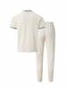 Men's Summer Waffle Stand Collar Two-Piece Set: Color Block Short Sleeve Shirt & Long Pants