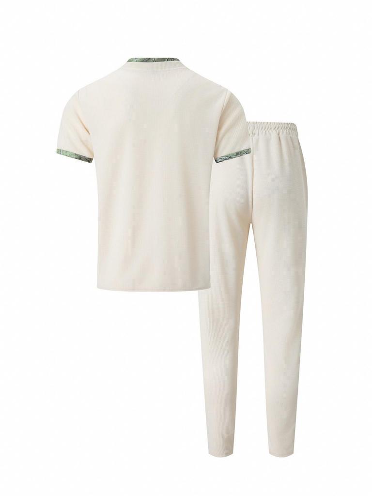 Men's Summer Waffle Stand Collar Two-Piece Set: Color Block Short Sleeve Shirt & Long Pants