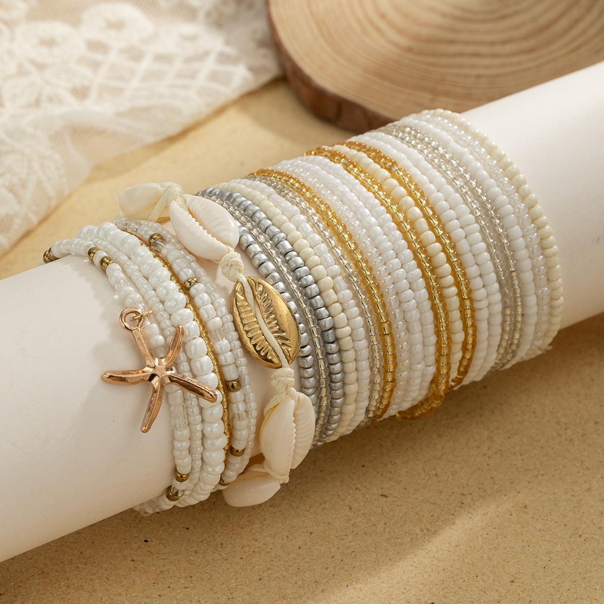 

27 piece Bohemian style shell woven starfish pendant, colorful rice bead pile women s bracelet