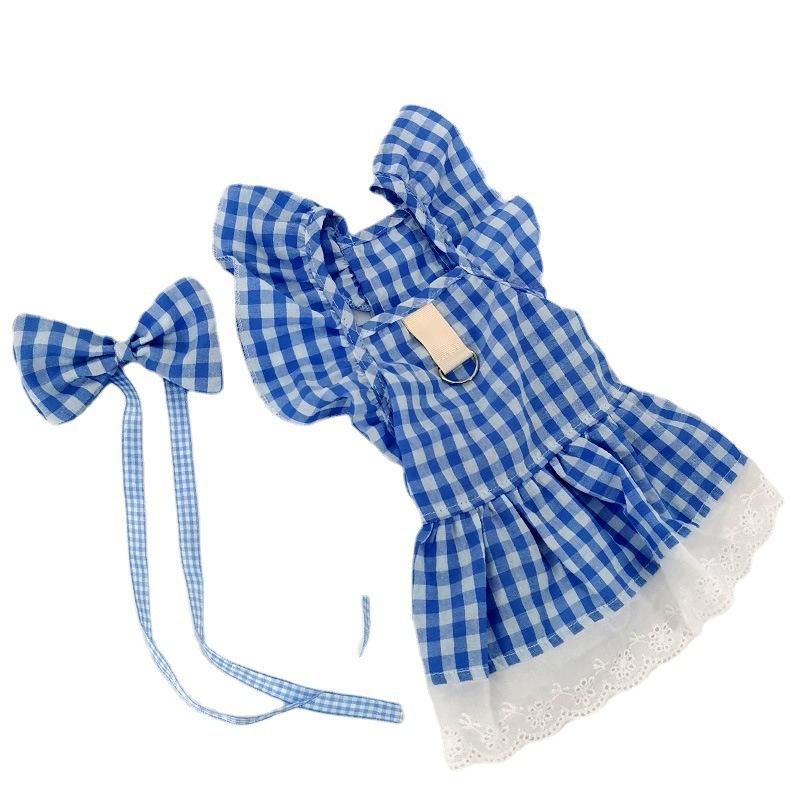 Dog Dress with Plaid Lace Trim for Small Medium Dogs - Checkered Pattern Princess Pet Apparel