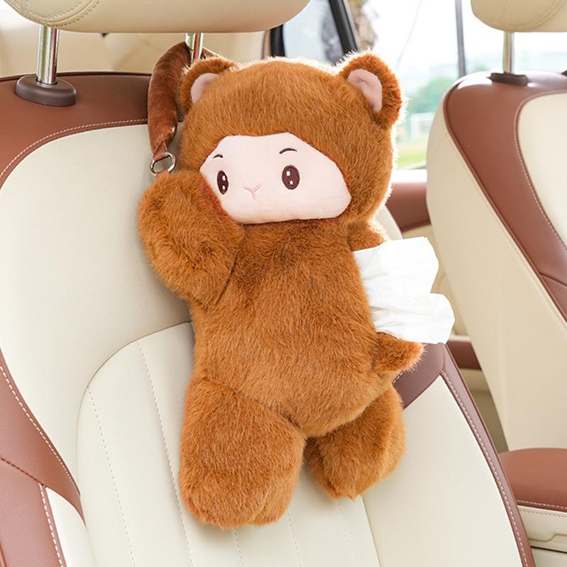Plush Monkey Car Tissue Holder: Cute Cartoon Doll Pull-Out Tissue Box for Interior.